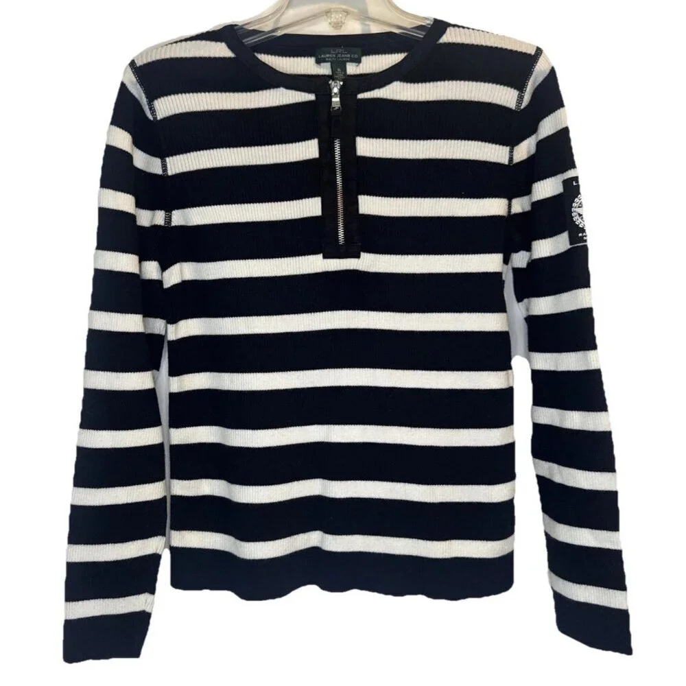 VTG LRL Ralph Lauren Black White Stripe 1/4 Zip Racing Team Patch Sweater Sz XL‎